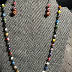 Colorful Millefiori Art Glass and Hematite Beaded Necklace and Earring Set